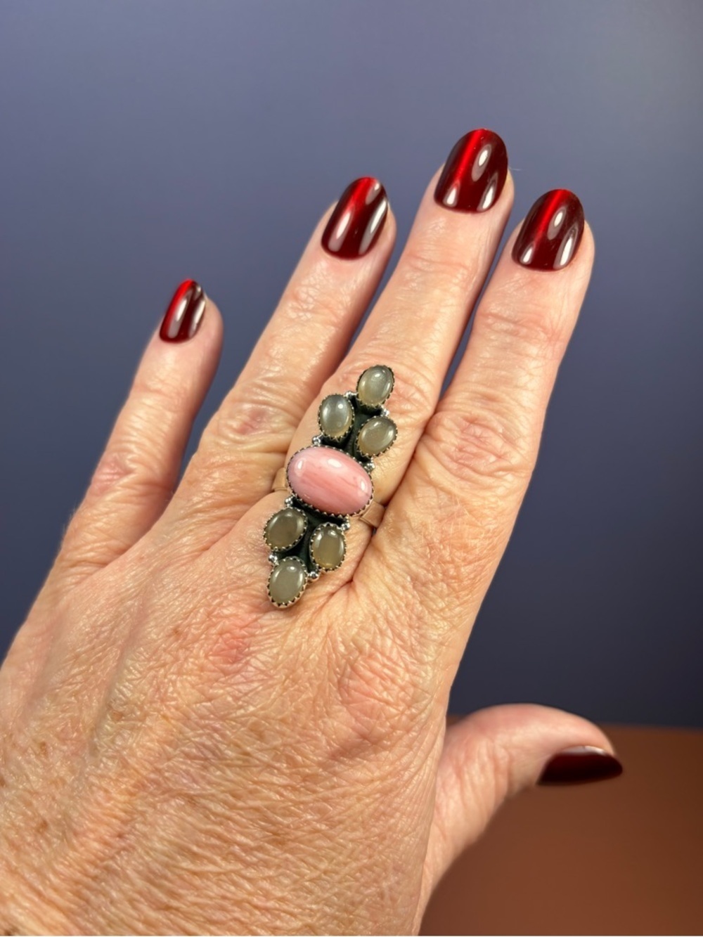 925 Sterling Silver Pink Opal Chocolate Moonstone Statement Ring